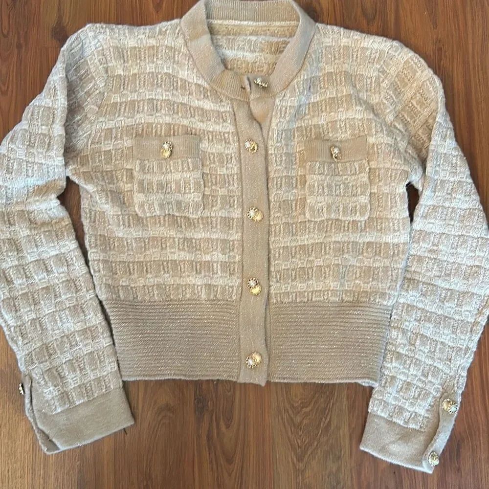 SHEIN cream and white designer looking sweater with gold buttons cardigan size S